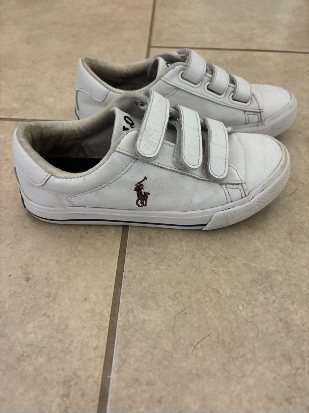Polo by Ralph Lauren Kids White Leather Velcro Sneakers with Polo Player Accent